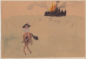 骑马的女孩逃离燃烧的堡垒，约1941年。 作者 雪莉·马卡姆