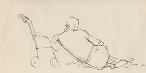 男子在海滩上靠着婴儿车，约1950年。