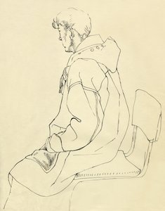穿着帆布大衣的坐着的男人，约1952年。