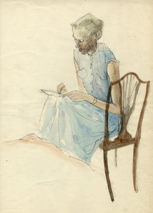 坐着的女人在写作，1952年。 作者 雪莉·马卡姆