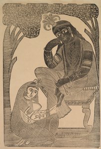 拉达抚摸克里希纳斯的脚，1800年代。 作者 什里·戈宾达·钱德拉·罗伊
