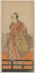 歌舞伎演员Ichikawa Monnosuke II持有一个雅乐舞者头盔和长袍，江户时代，17世纪80年代（彩色木版画） 作者 顺城