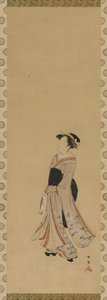 一个女孩在玩battledore和毽子，江户时期，18世纪。