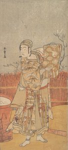 演员泽村宗三郎举着一块锦缎，18世纪末。 作者 春庄