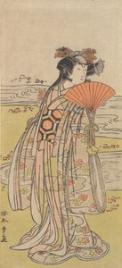 演员濑川喜久野三扮演的女子站在蜿蜒的溪流旁，约1777年。 作者 春庄