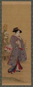 靠近一个有围栏的花圃的女人，18世纪末。 作者 春庄