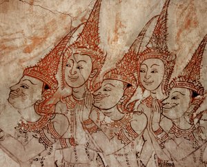 壁画的细节显示可追溯到大城时代晚期的天神（石头上的油漆）