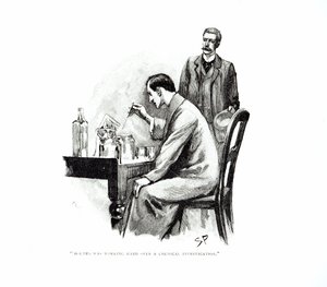 “福尔摩斯正在努力进行化学调查”，作为“海军条约”的插图，作者：亚瑟柯南道尔（1859-1930），于1893年10月和11月在“斯特兰德杂志”上发表（