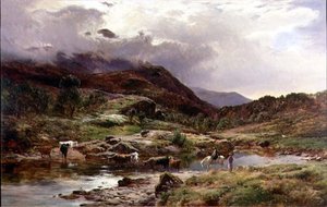 前面有牛的山区河流景象（油画）