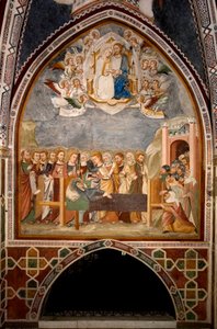 Life of the Virgin: “” the Dormition and the Assumption of the Virgin””” Fresco of the School of Siena (14th century) Monastery of St. Benedetto (Sacro Speco), Chapel of the Virgin a Subiaco (Rome), Italy