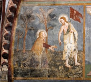 Noli me tangere（不要碰我）。 锡耶纳学校的壁画。 14 世纪。 高级教堂。 圣贝内代托修道院（Sacro Speco），苏比亚科（罗马），意大利