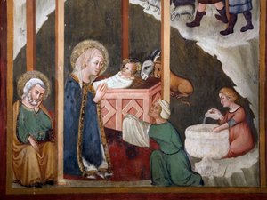 锡耶纳（Siena）学校的Nativite壁画。 14世纪。圣母教堂。圣贝内代托修道院