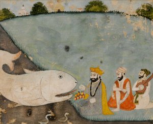 纳纳克（Gana Nanak）与巴拉，马尔达纳（Mardana）和大鱼（Matsyavatara中的毗湿奴（Vishnu）） 作者 锡克教学校