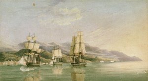 1812 年 6 月 27 日，18 艘法国商船在莱格雷里亚和阿拉西奥遇袭，19 世纪初（钢笔、墨水、石墨、水彩） 作者 塞拉斯·汤姆森 (Silas Thomson) 胡德
