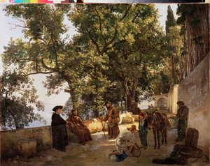 Une terrasse sur lerivage, pres de Sorrente（索伦托，意大利）（卡普钦僧侣在交谈，一个男人在给他的驴子装小桶） - A Terrace on a Seashore, Cappuccini near Sorrento - Sylvester Feodosiyevich Shchedrin（西尔维斯特-费奥多西耶维奇-什切林）的画作 作者 西尔维斯特·费多西耶维奇·谢德林
