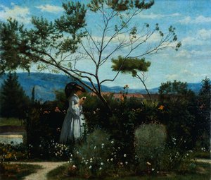 花园里的花朵中，由Silvestro Lega（1826-1895）创作。