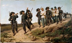 1859年意大利战役的情节。"奥地利战俘被战俘包围 "西尔维斯特-莱加（1826-1895）的画作 1861年 太阳。57,5 x 95厘米 佛罗伦萨，现代艺术画廊 作者 西尔维斯特雷·莱加