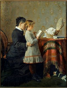 阅读课。一名护士在学习阅读一个小女孩。画家：Silvestro Lega (1826-1895) Ec.意大利