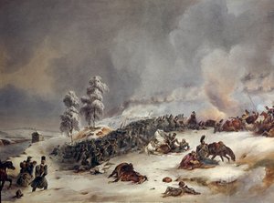 1812 年从俄罗斯退休：《1812 年 11 月 18 日上午 9 点，里卡德师在克拉斯诺战役中》》西蒙·福特 (Simeon Fort，1793-1861) 的水彩画 Sun。 0,6x0,99 m。 作者 西蒙堡