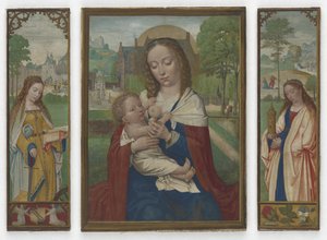 处女与儿童; Saints Catherine和Barbara，c.1520（牛皮纸上的蛋彩画） 作者 西蒙·贝宁