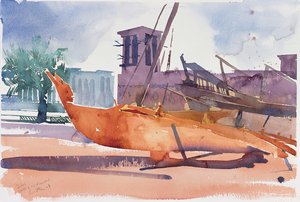 迪拜，船和风塔，2004 年（纸上水彩画） 作者 西蒙·弗莱彻