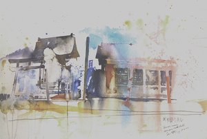 天桥馆附近的神社，2000 年（水彩画） 作者 西蒙·弗莱彻