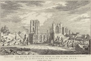 卑尔根大教堂遗址，1748 年
从霍格大街（Hoogstraat）看到的大教堂废墟，来自卑尔根op den Zoom 的 Bospoort（标题在实物上
Bergen op Z 被围困和摧毁后的废墟十景