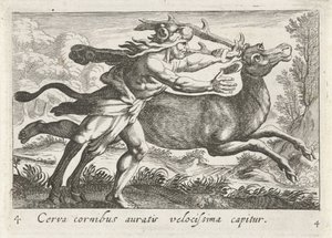 赫拉克勒斯捕获雌鹿 Cerynea
Cerva cornibus auratis velocissima capitur（物体上的标题）
大力士主题（系列标题） 作者 安东尼奥·坦佩斯塔