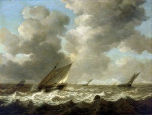 渔船在波涛汹涌的海面上行驶，天际线上可见荷兰海岸。木板油画 作者 西蒙·雅各布斯（Simon Jacobsz）。弗利格