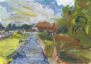 Pavenment  shortcut to houses, 2024（丙烯、水彩、水彩笔和油画棒，纸面） 作者 西蒙·内维尔