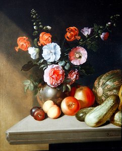 玫瑰花、飞燕草和百合花的静物画 作者 西蒙·彼得·蒂尔曼