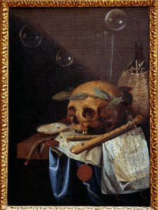 Vanite 静物的头骨桂冠、 长笛、 得分和酒壶。 圣安德烈 (1613-1677) 17 世纪太阳的西蒙·伯纳德 (Simon Bernard) 的绘画。 0,6x0,43 m 里昂，Musee des Beaux Arts