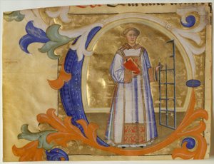 手稿中的圣劳伦斯的首字母C的照明，来自于Gradual，约1380-90。 作者 Simone Camaldolese