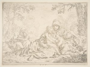 与施洗者圣约翰在一起的神圣家庭，约1637-1640。 作者 西蒙妮·坎塔里尼