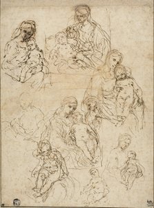 圣母子与圣家的素描，1642-48年 作者 西蒙妮·坎塔里尼