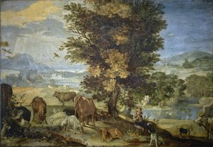 有牧羊人和动物的风景（铜板油画） 作者 锡尼巴尔多·斯科尔扎（Sinibaldo Scorza）