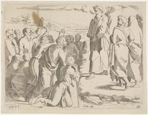 摩西向人们展示律法石板
圣经》场景（系列名称）
Historia del Testamento Vecchio / Dipinta in Roma nel Vaticano da Raffaelle di Urbino (...) （丛书名称）