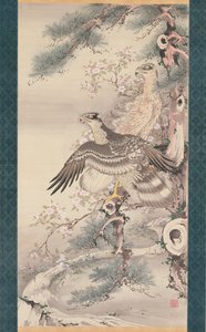 鹰枝花一对（绢本水墨设色金） 作者 曾我翔博