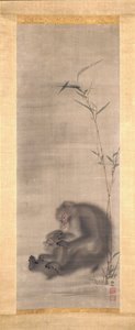 竹子附近的猴子梳理后代（丝绸上的墨水和颜色） 作者 森草仙