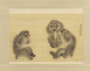 猴子：不听邪恶，不看邪恶，不说邪恶，c.1820（丝绸上的墨水和颜色） 作者 森创雪