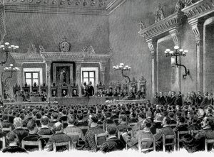 加泰罗尼亚民族主义者的聚会聚集在曼雷萨市政厅，以起草 1892 年为加泰罗尼亚地区宪法服务的 16 个基础。Jaume Pahissa 绘图。 作者 西班牙语学校