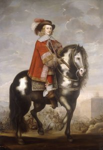 1685年左右，身着红色外套和羽绒帽子的西班牙荷兰省长费尔南多·德·波蓬红衣主教的骑马肖像 作者 西班牙语学校