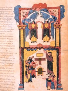 天使和大卫与约柜在所罗门神殿之前，从公元960年的圣伊西多尔的Visigothic-Mozarabic圣经（牛皮纸上的蛋彩画）