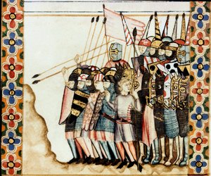 Armee des croises 从《圣玛丽之歌》（Cantigas de Santa Maria）的手稿中截取的一页细节，该手稿是专门为圣玛丽和她的奇迹而装饰的微型画，是阿方索十世（1221-1284）执政时重新制作的歌曲集。 作者 西班牙语学校