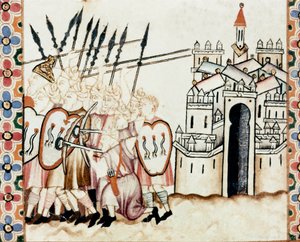 摩尔人的军队保卫一座城市 从圣玛丽之歌 (Cantigas de Santa Maria) 手稿中取出的一页细节，装饰着献给圣玛丽和她的奇迹的微型图，这是阿方索十世统治下的歌曲集 瓦 作者 西班牙语学校