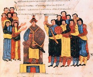 大卫在犹大人面前被宣布为国王，来自圣伊西多尔的Visigothic-Mozarabic圣经，公元960年，公元960年（牛皮纸上的蛋彩画）
