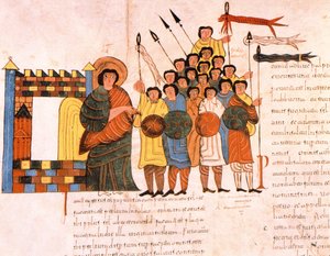 从圣伊西多尔斯的Visigothic-Mozarabic圣经出发，参加国王戴维斯军队的战争，第131卷，公元960年（牛皮纸上的蛋彩画）
