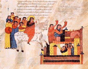 大卫王进入耶路撒冷，听到喇叭声，来自圣伊西多尔斯的Visigothic-Mozarabic圣经，第135页，公元960年