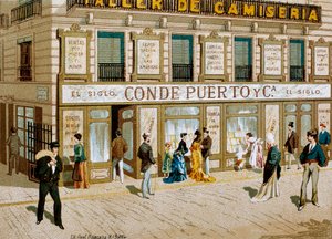 时尚：面料店“Conde Puerto”巴塞罗那精品店的广告海报。 19世纪 作者 西班牙语学校