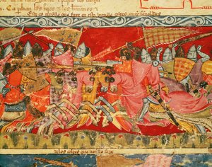 Fol.110r希腊人和特洛伊人之间的战斗，来自Codex Benito Santa Mora 作者 西班牙语学校